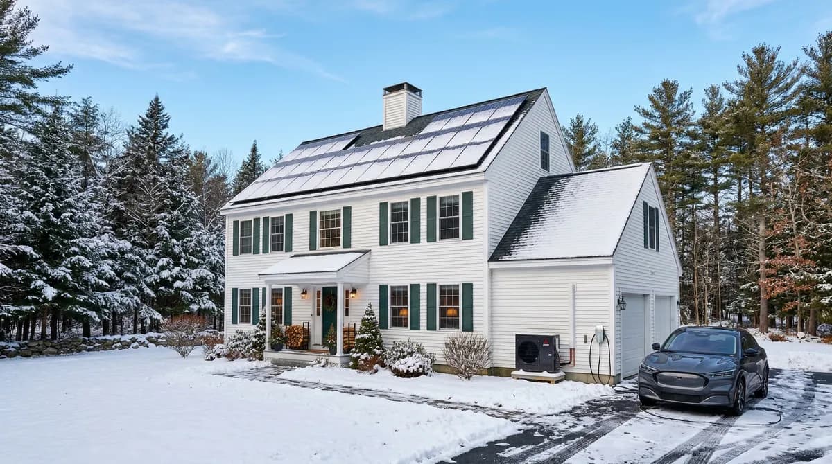 Maine home with solar panels, heat pump, and EV charger — whole-home electrification