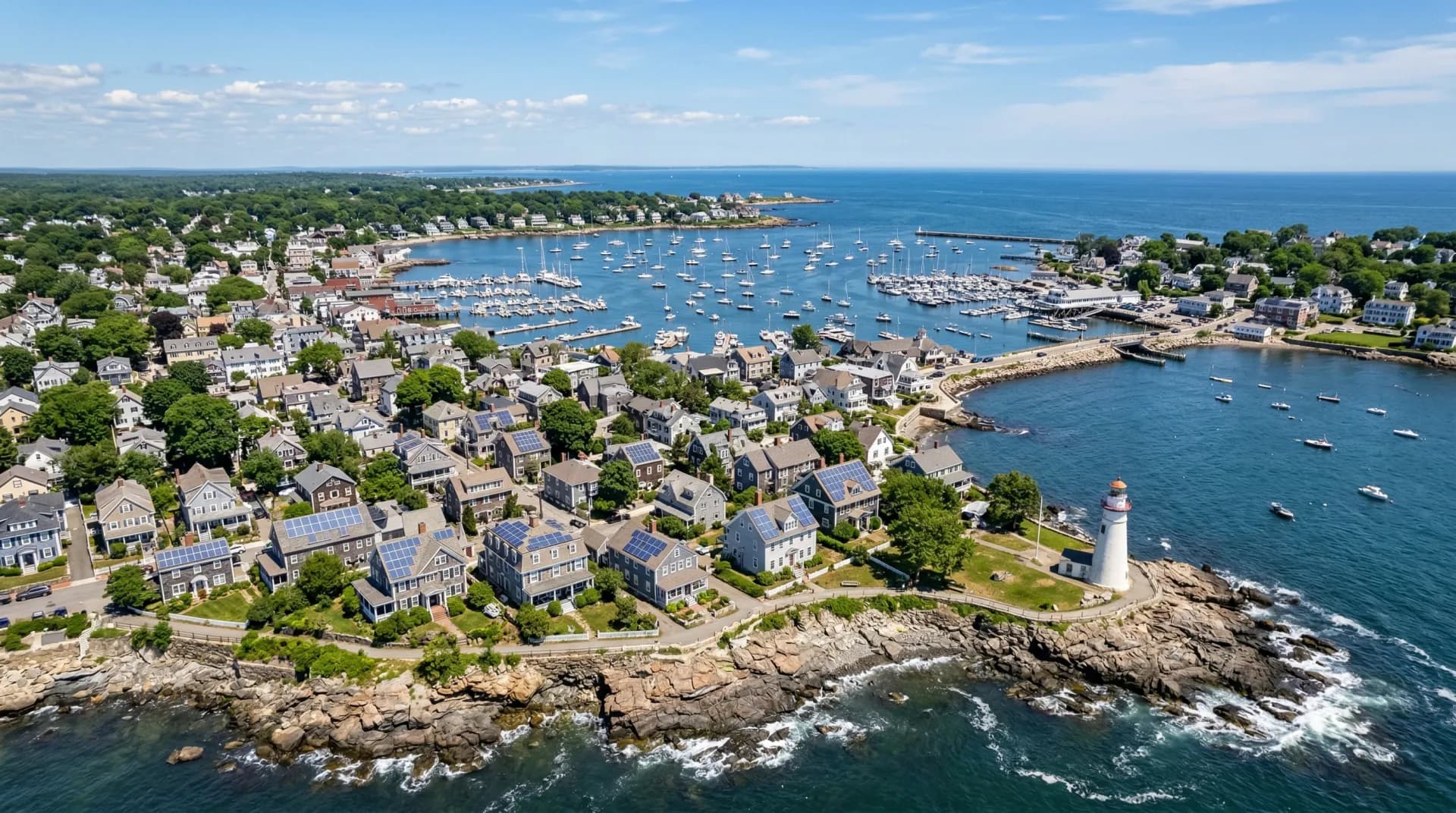 Aerial view of Marblehead Massachusetts with solar panels on residential rooftops