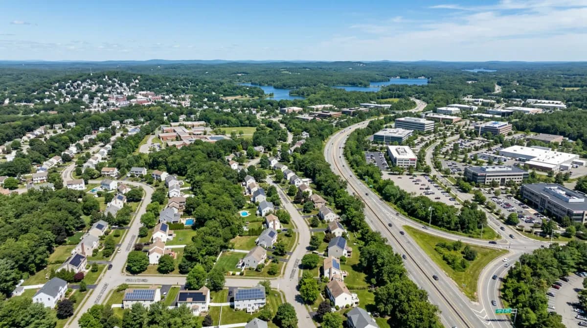 Aerial view of Marlborough Massachusetts with solar panels on residential rooftops