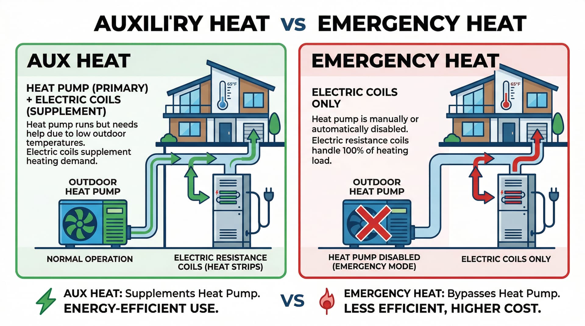 Diagram comparing auxiliary heat supplement mode vs emergency heat bypass mode in a heat pump system