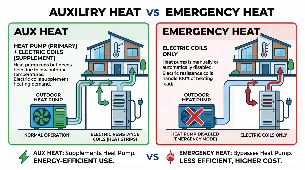 Diagram comparing auxiliary heat supplement mode vs emergency heat bypass mode in a heat pump system