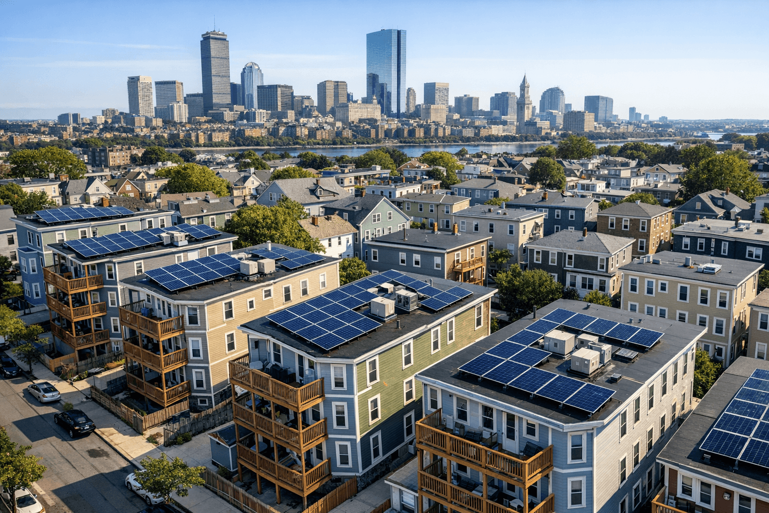 Boston triple-decker homes with solar panels on flat roofs