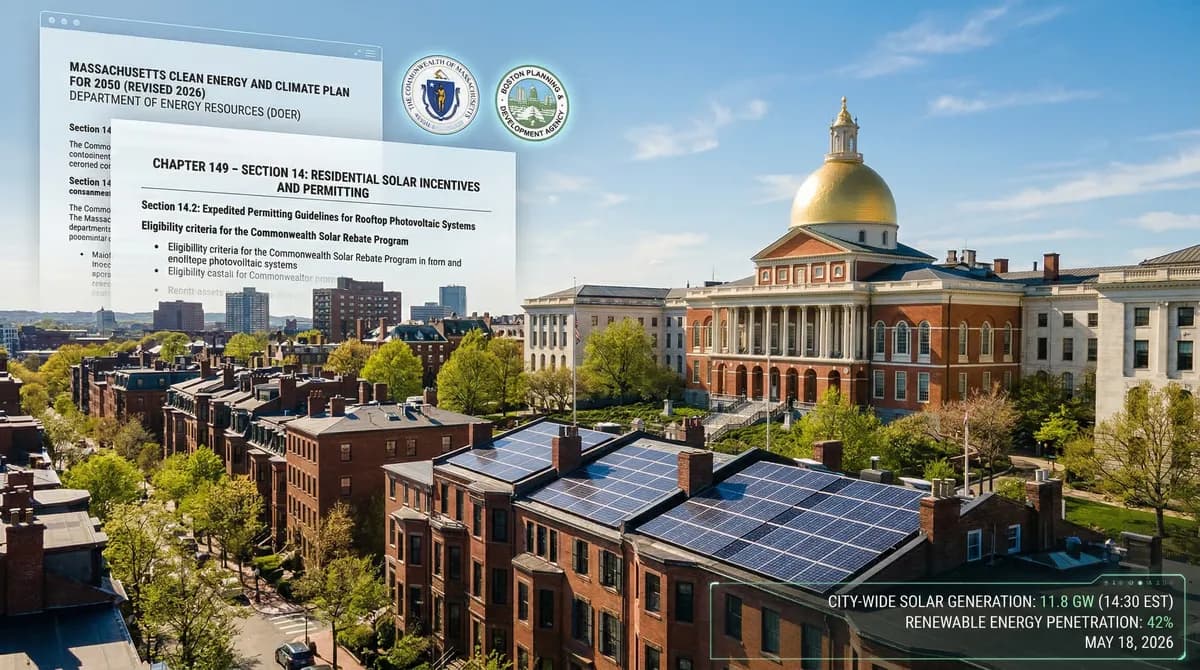 Massachusetts State House with solar panels on nearby residential rooftops