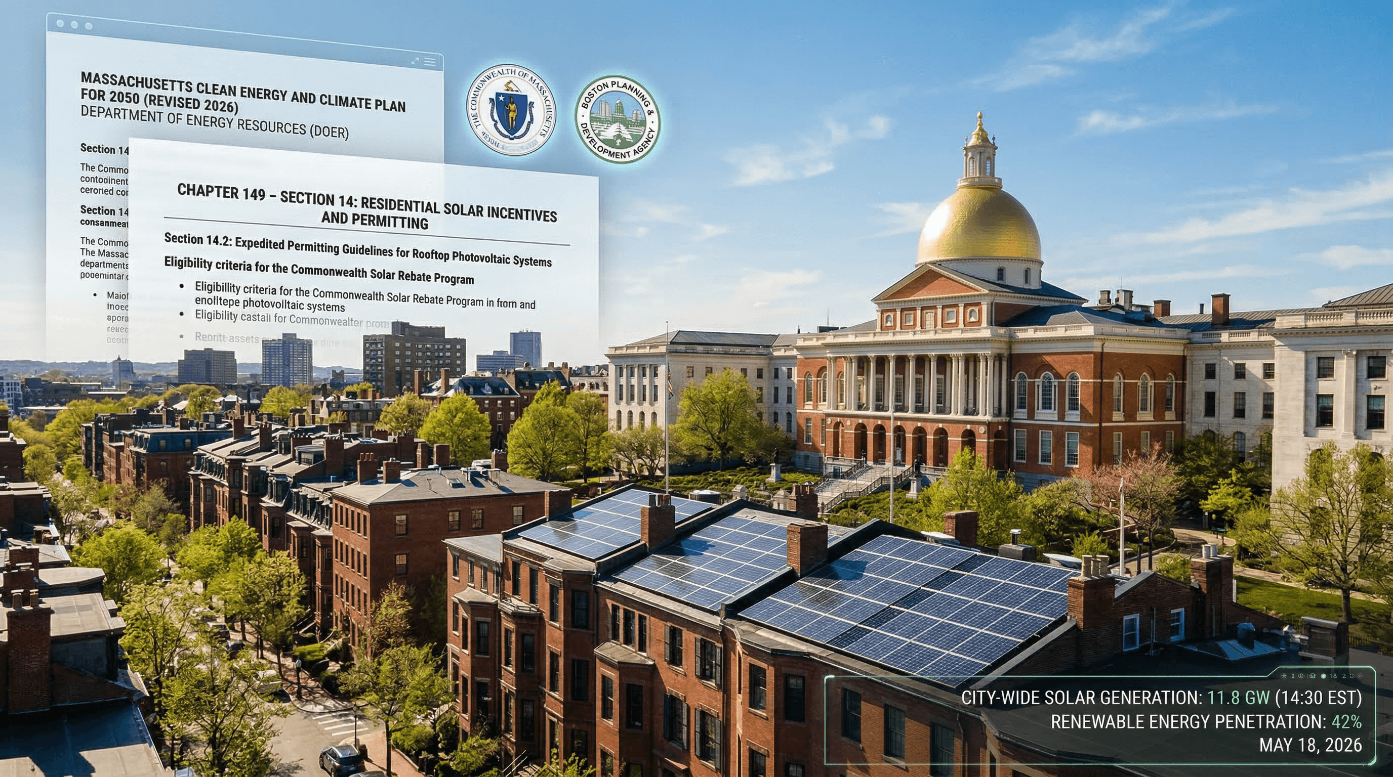 Massachusetts State House with solar panels on nearby residential rooftops