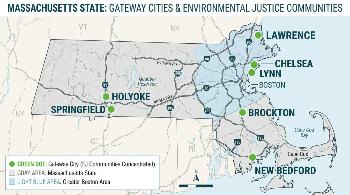 Map of Environmental Justice communities across Massachusetts showing concentrations in Gateway Cities