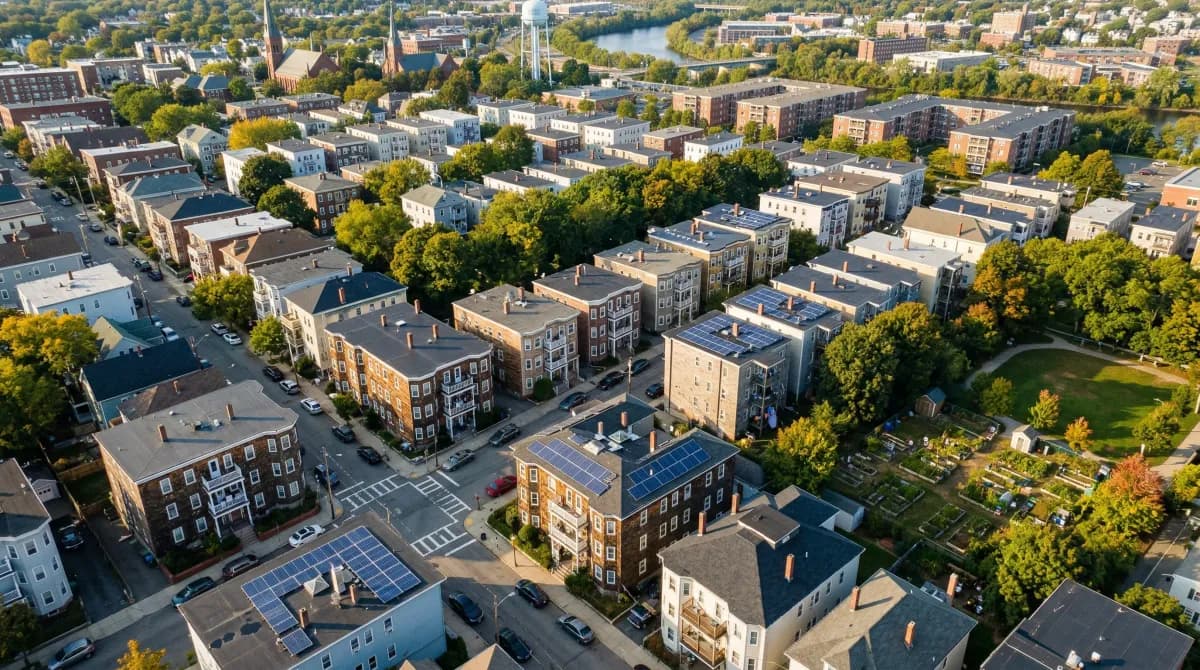 Solar panels in a Massachusetts Environmental Justice community with diverse homes