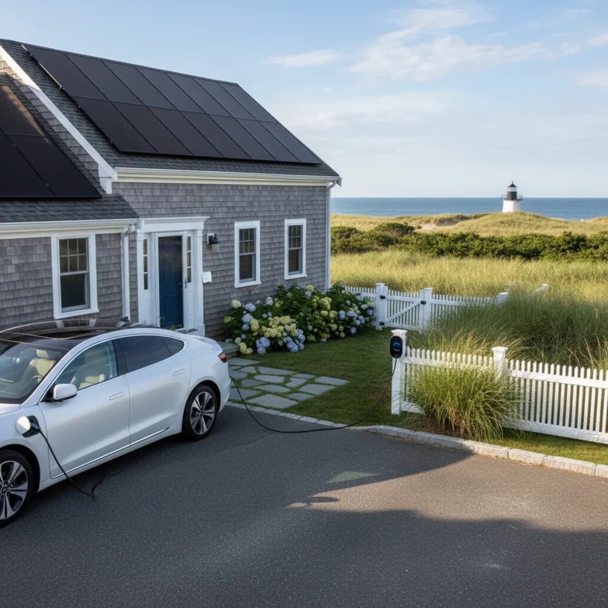 Electric vehicle charging at home in Massachusetts with solar panels on roof