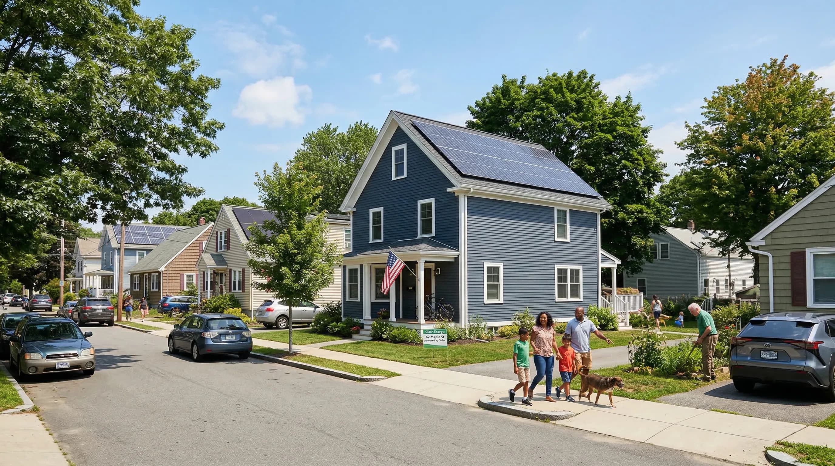 Solar panels on a modest Massachusetts home in a community neighborhood setting