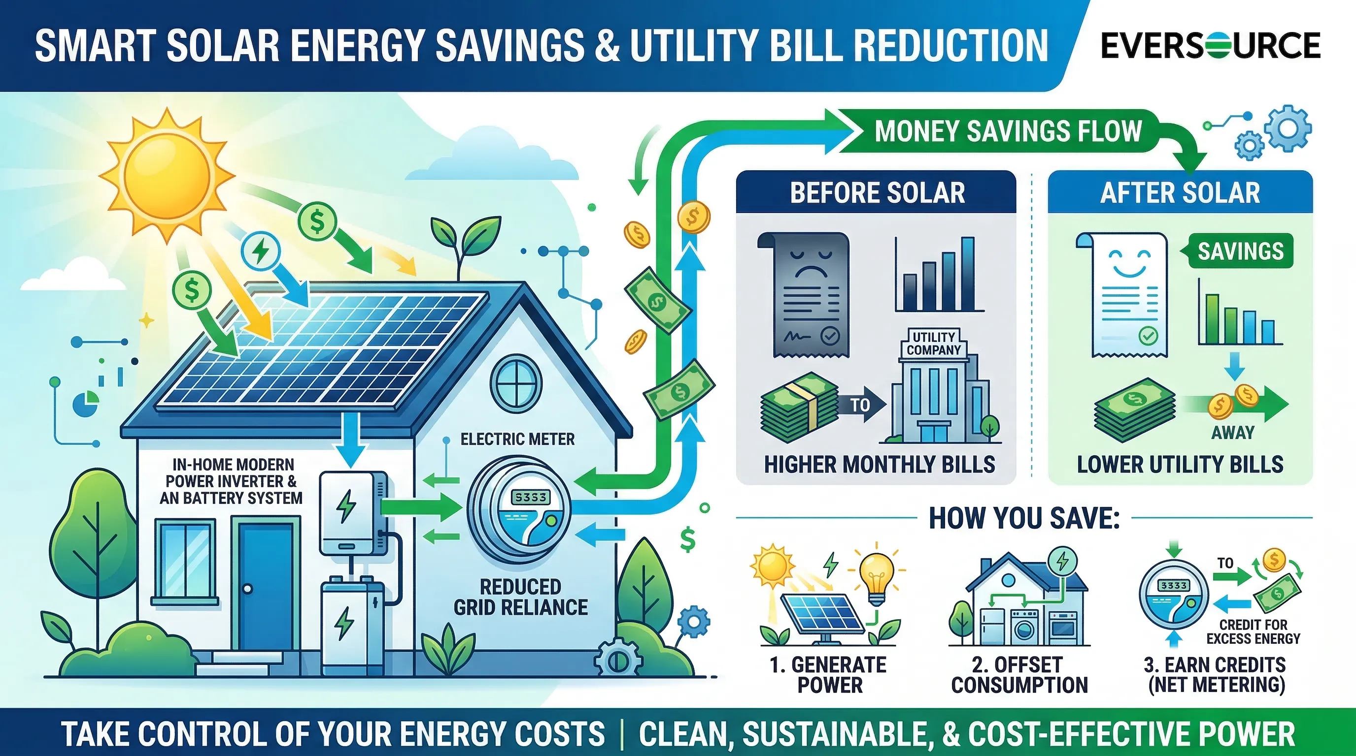 Infographic showing solar energy savings and utility bill reduction for Eversource income-eligible customers