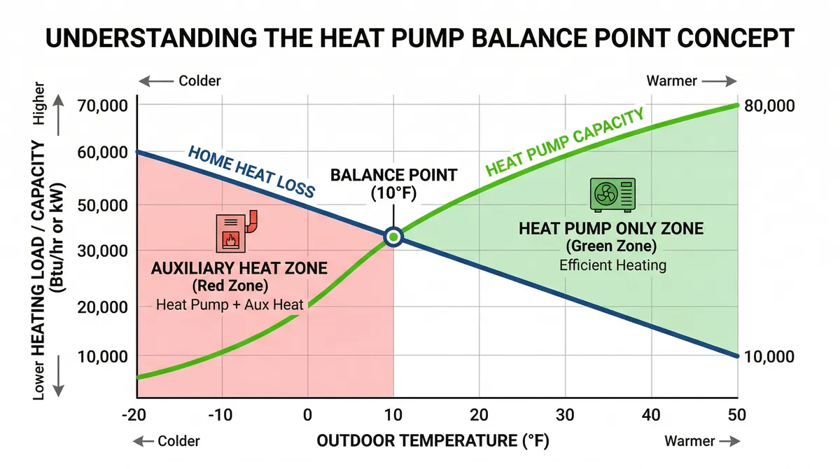 Chart showing heat pump balance point — where heat pump capacity meets home heat loss at different outdoor temperatures