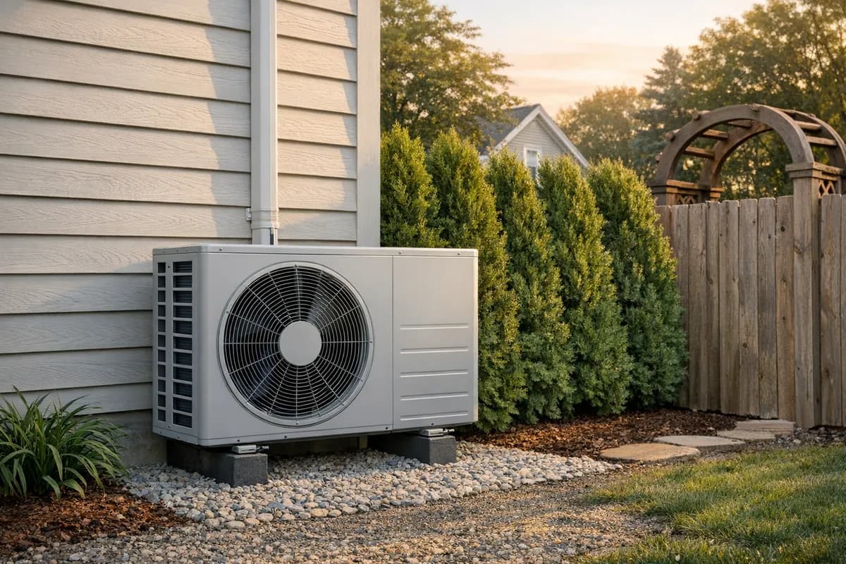 Heat pump outdoor unit on a Massachusetts home with privacy fence and arborvitae screening