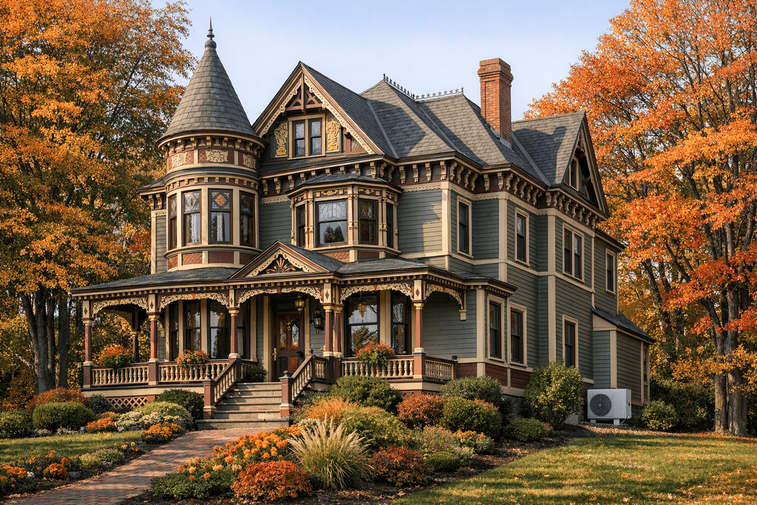 Victorian-era Massachusetts home with a discreet mini-split heat pump outdoor unit