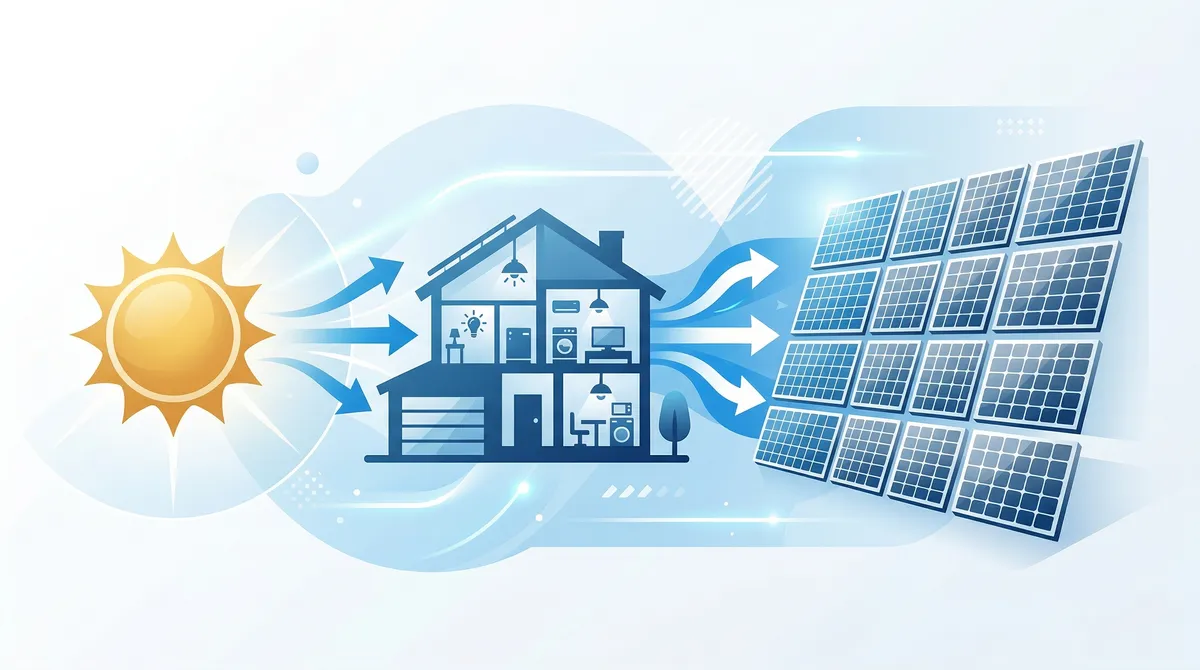 Solar panel sizing formula diagram — sun to house to panel grid