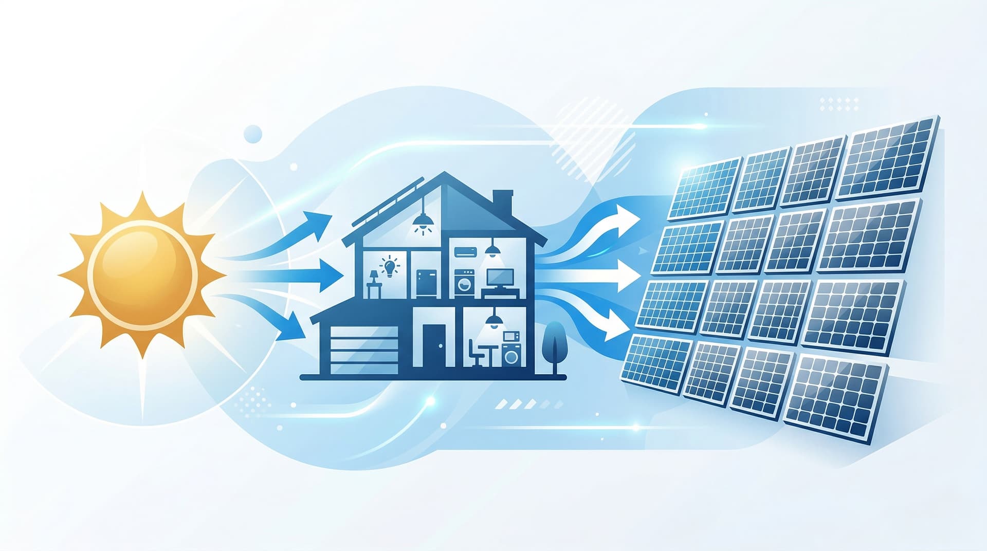 Solar panel sizing formula diagram — sun to house to panel grid