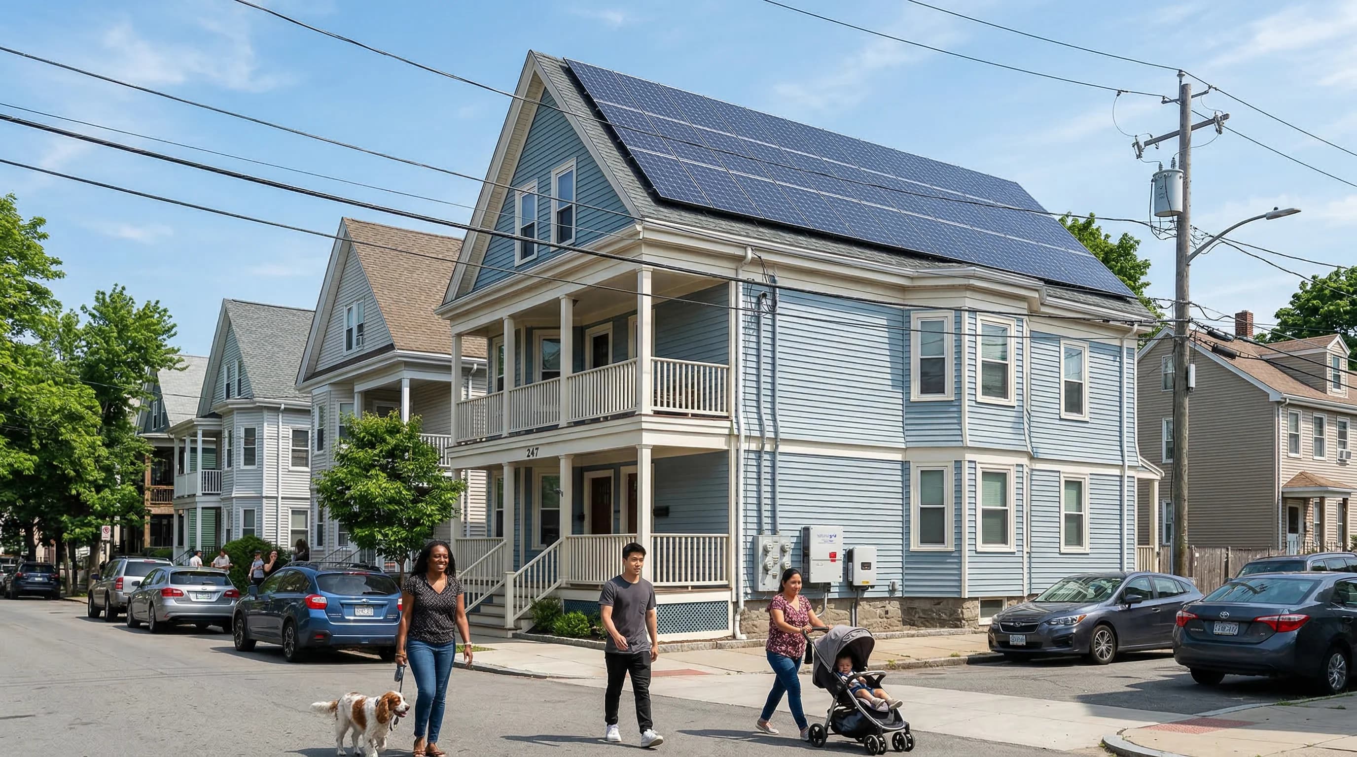 Solar panels installed on a triple-decker home in a Massachusetts urban neighborhood within the National Grid service area