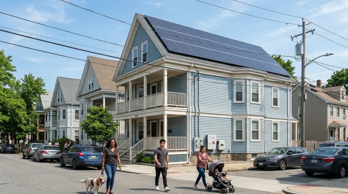 Solar panels installed on a triple-decker home in a Massachusetts urban neighborhood within the National Grid service area