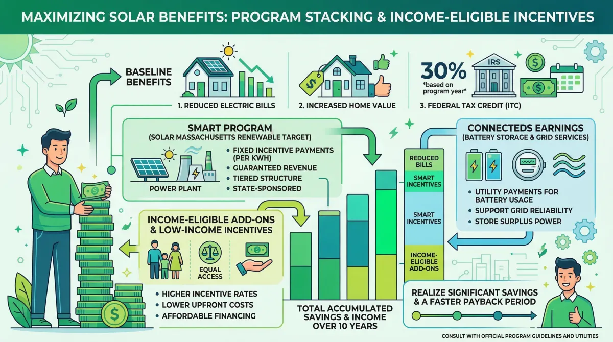 Infographic showing how income-eligible solar incentives stack: SMART program, ConnectedSolutions, net metering, and Mass Save benefits