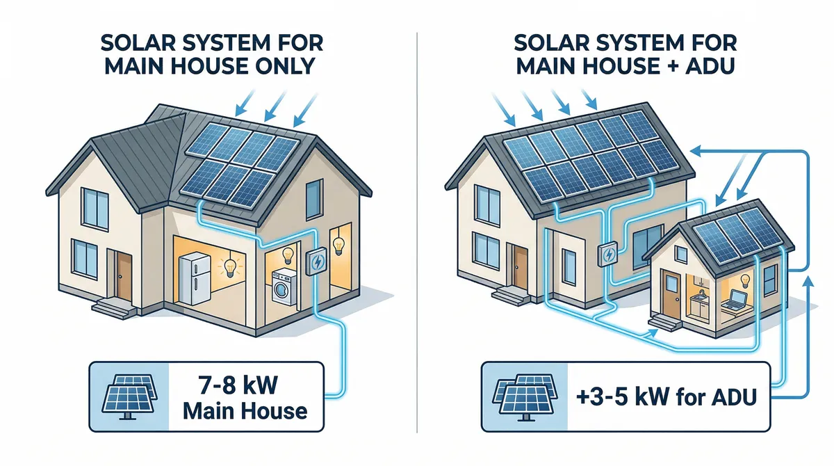 Diagram showing solar system sizing for main house plus ADU in Massachusetts