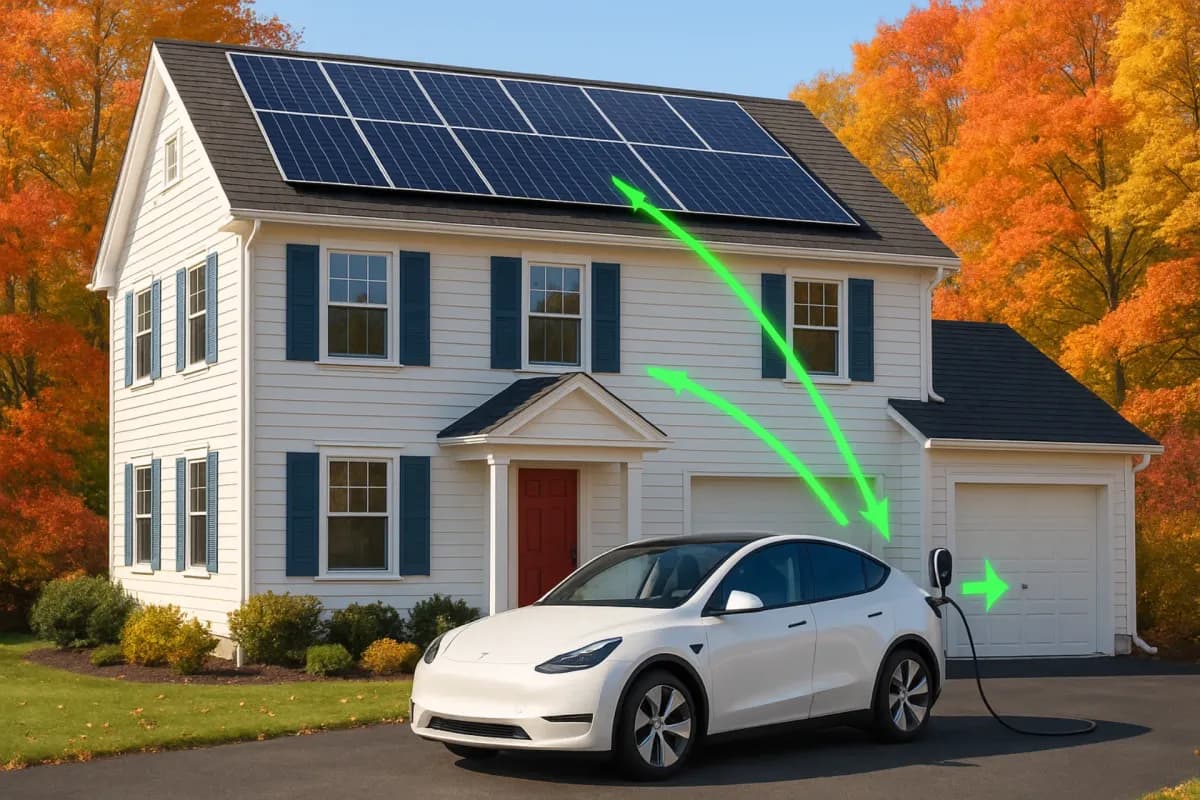Massachusetts home with solar panels and electric vehicle plugged into Level 2 charger