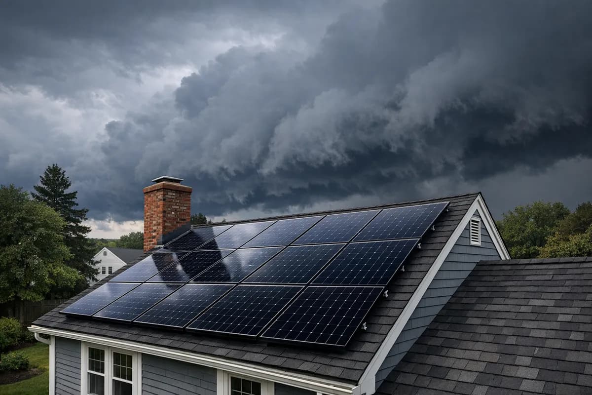 Solar panels on a Massachusetts home surviving a nor'easter storm with dark clouds