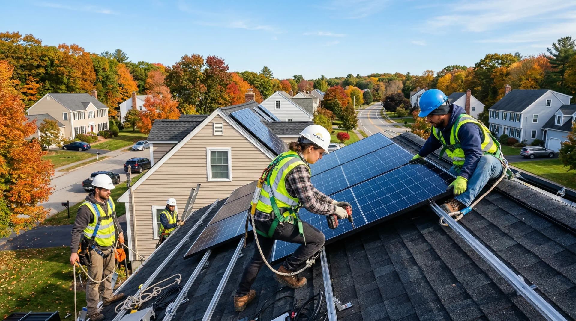 NuWatt Energy solar installation crew on a Massachusetts residential roof