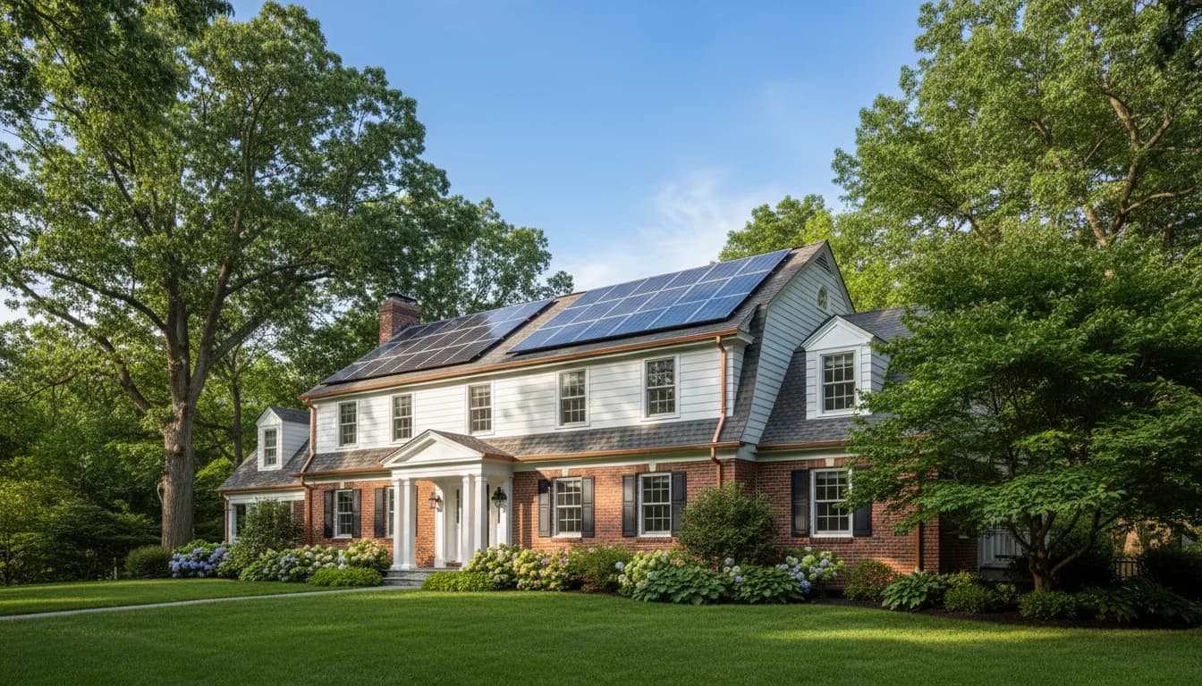 Massachusetts home with solar panels and a lease agreement document overlay