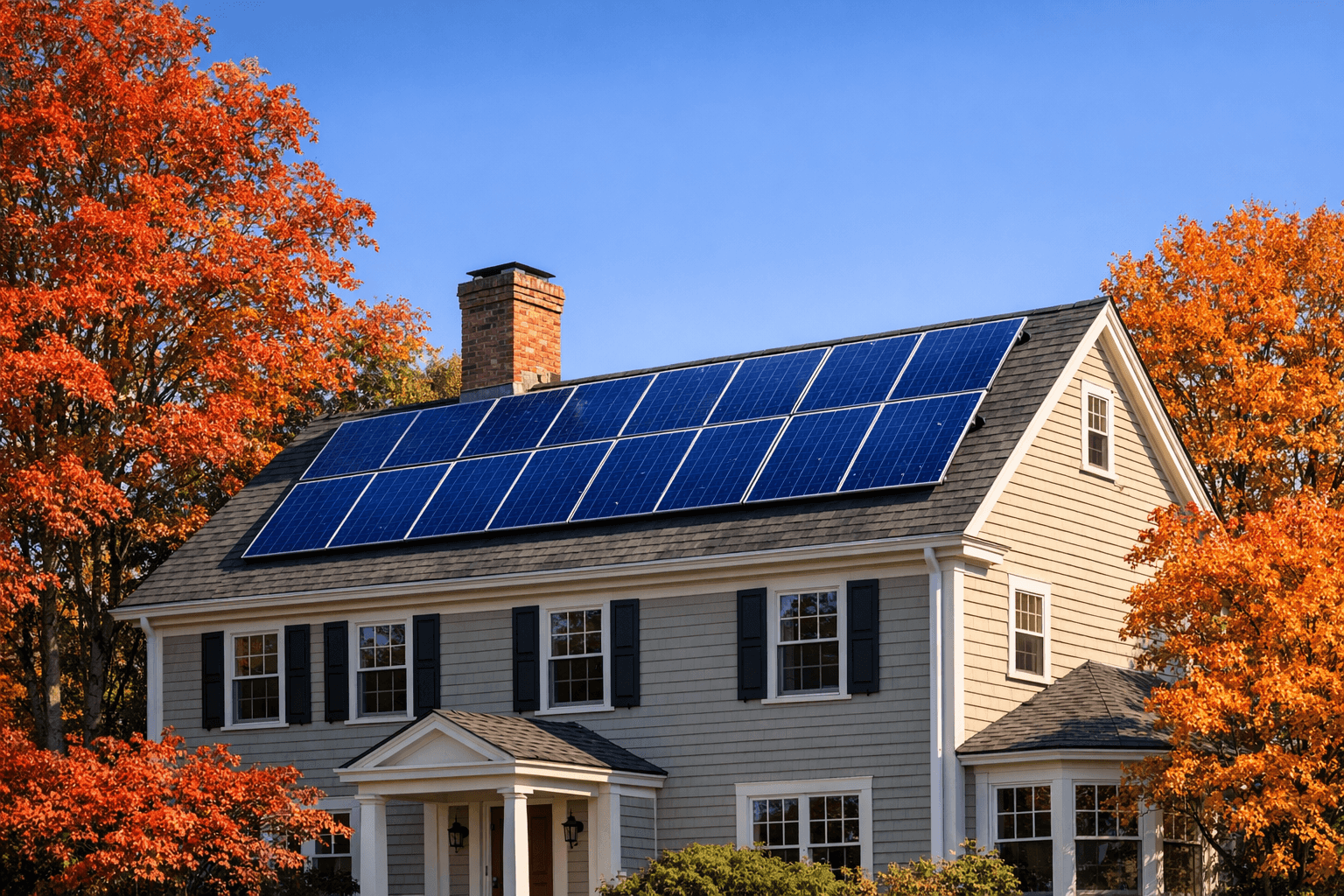 Solar panels on a Massachusetts colonial home with autumn foliage
