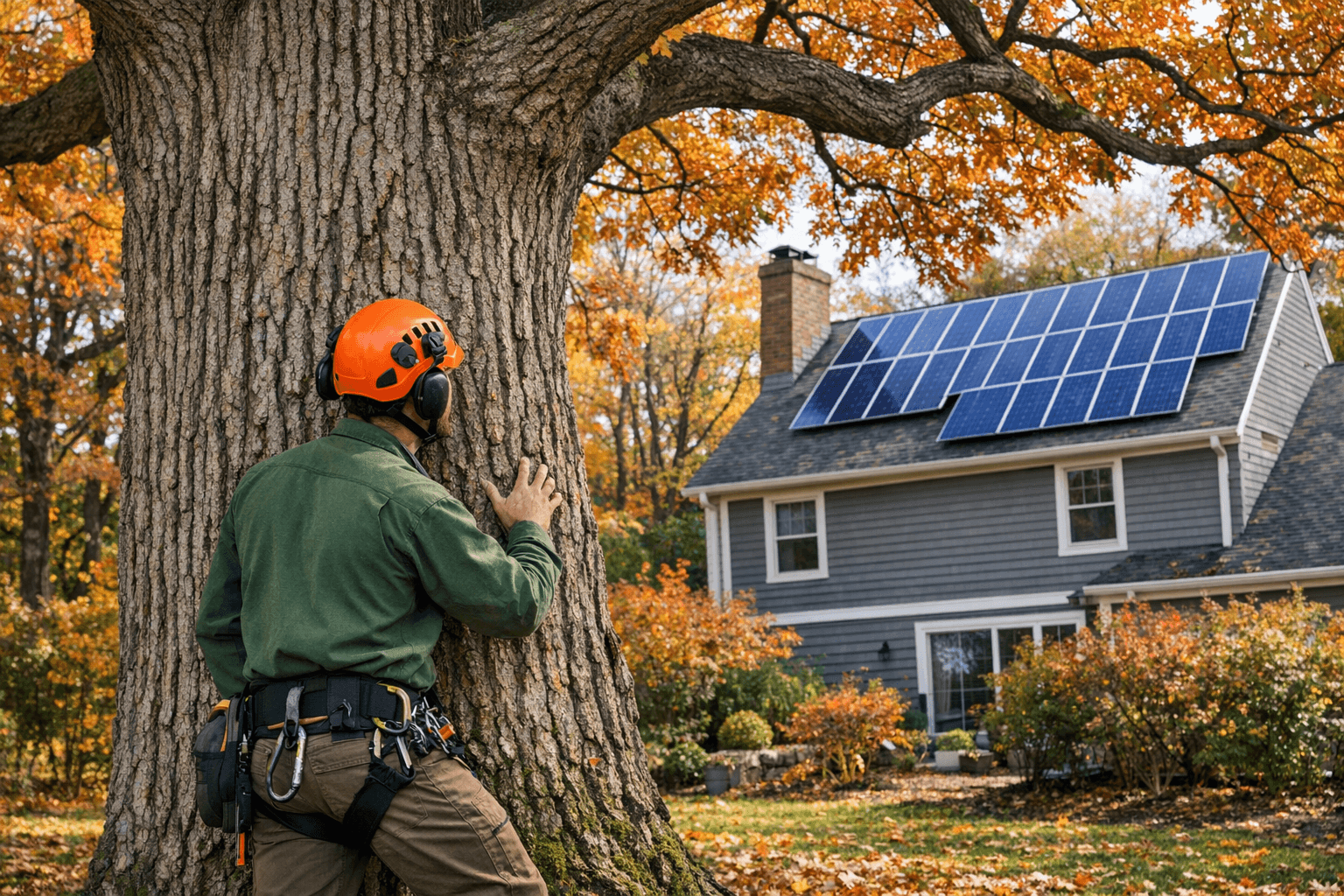 Arborist assessing a tree near solar panels on a Massachusetts home roof