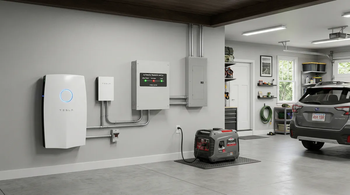 Hybrid backup power setup with Tesla Powerwall battery and portable generator in Massachusetts garage
