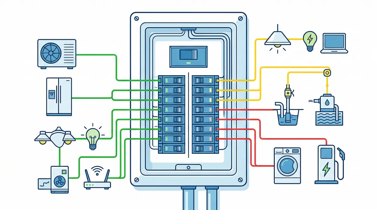 Home electrical panel showing critical loads vs non-essential circuits for battery backup sizing