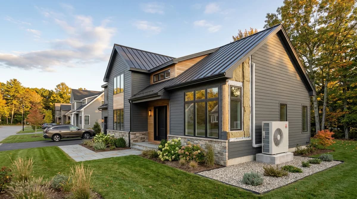 Massachusetts new construction home with heat pump system meeting stretch energy code requirements