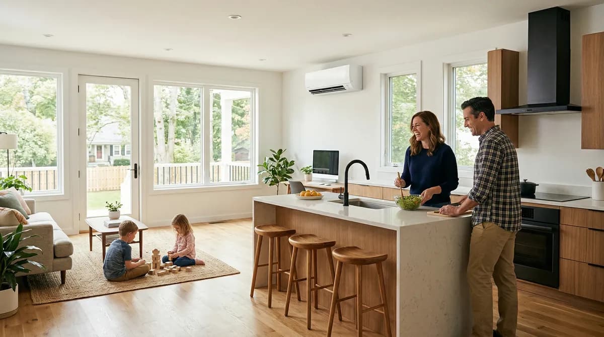 Modern Massachusetts home with heat pump showing energy efficiency features and lower operating costs