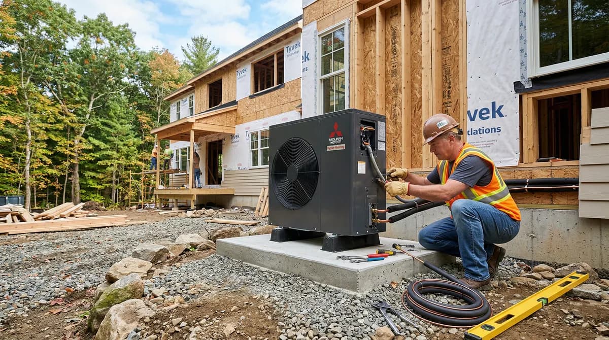 Heat pump outdoor unit being installed on a new construction Massachusetts home