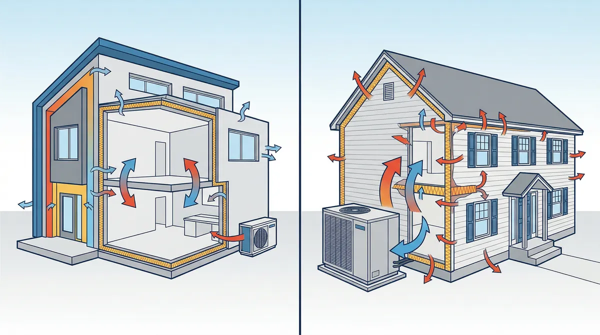 Heat pump sizing diagram comparing new construction vs retrofit heating loads in Massachusetts