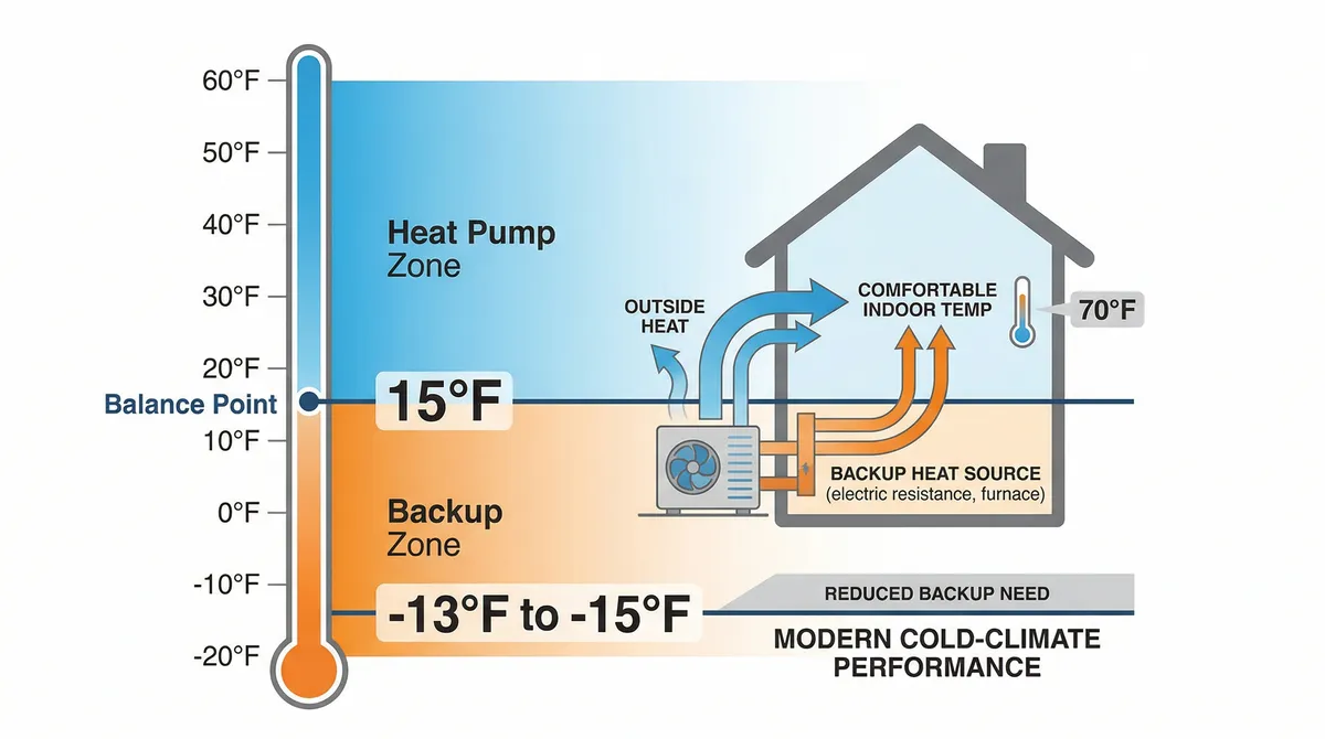 Heat pump balance point diagram showing when backup heating activates in Massachusetts winter temperatures