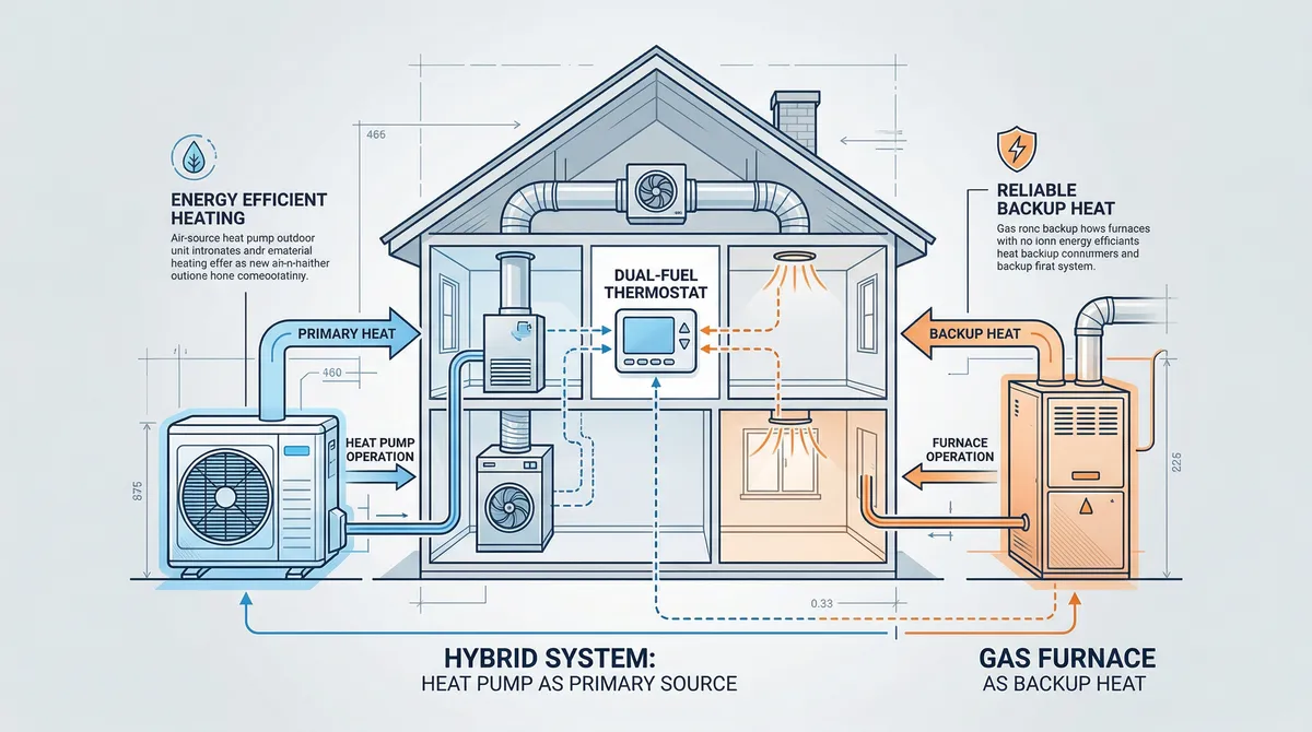 Hybrid dual-fuel heat pump and gas furnace system diagram for Massachusetts homes