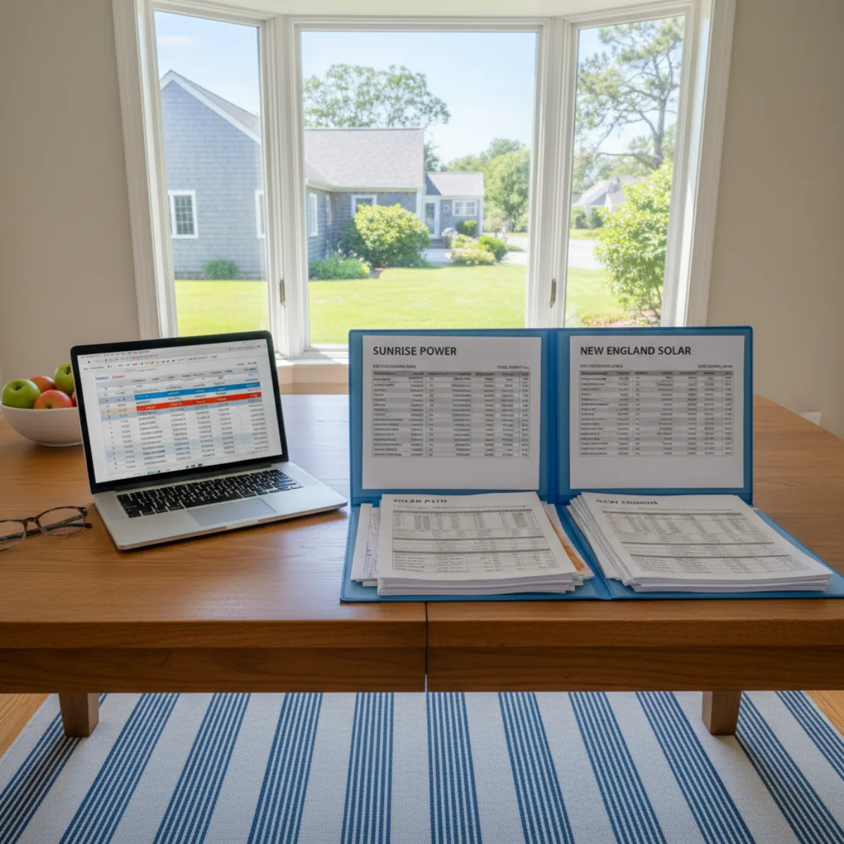Three solar installer quotes being compared side by side on a Massachusetts kitchen table