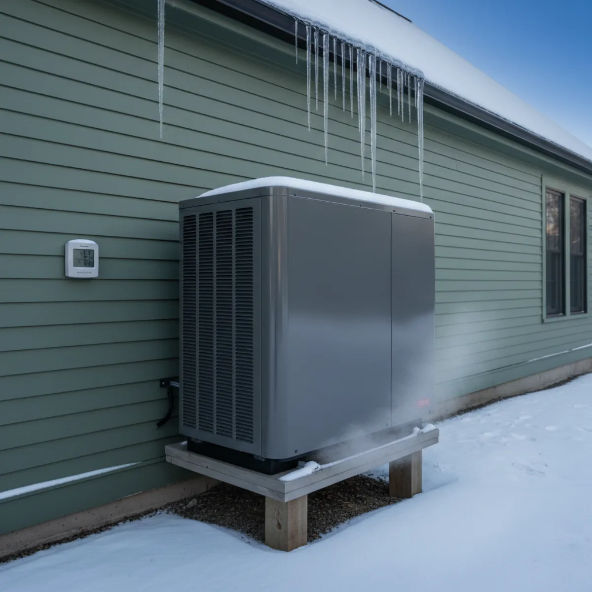 Heat pump performance curve crossing home heat loss line showing balance point on a Massachusetts winter day