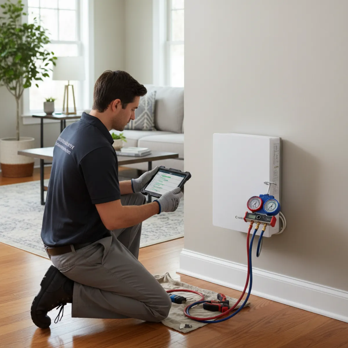 HVAC technician holding digital manometer during heat pump commissioning in a Massachusetts home