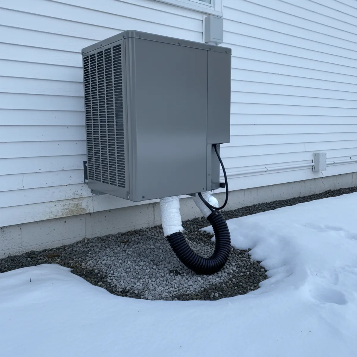 Heat pump outdoor unit with heat tape on condensate drain line in a snow-covered Massachusetts yard