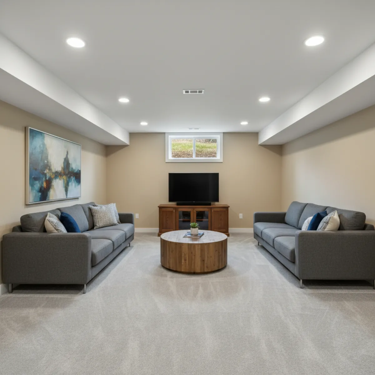 Finished Massachusetts basement with a ductless mini-split head mounted above eye level