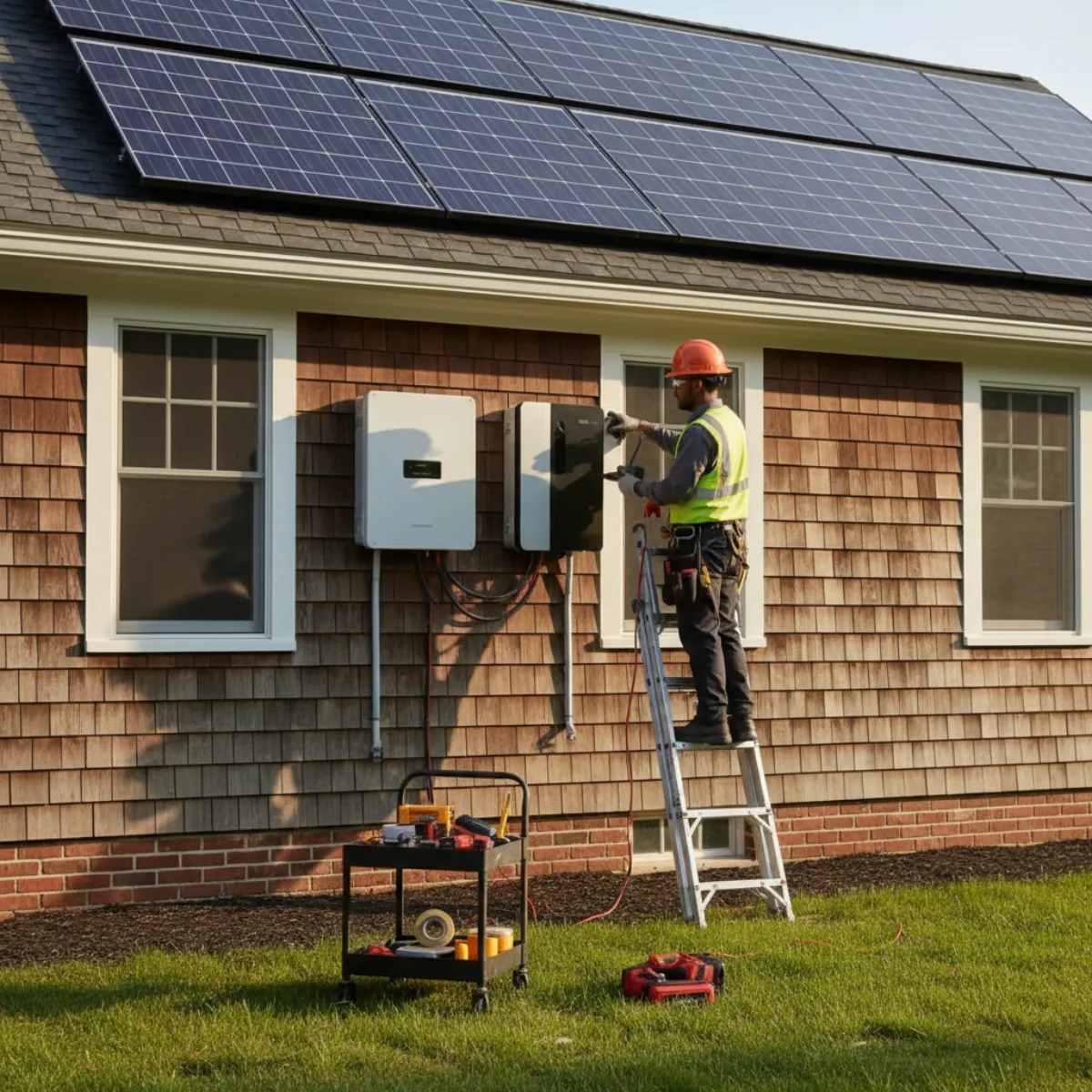 A Massachusetts homeowner looking at a wall-mounted string solar inverter with a production monitoring dashboard displayed on a nearby tablet