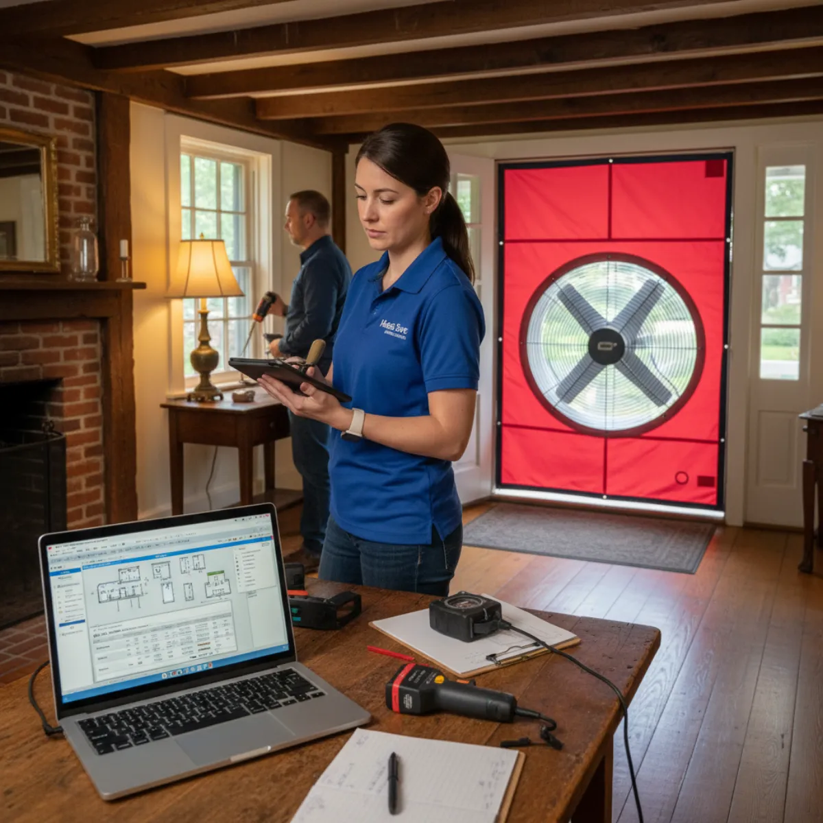 Technician performing a Manual J load calculation on a Massachusetts home