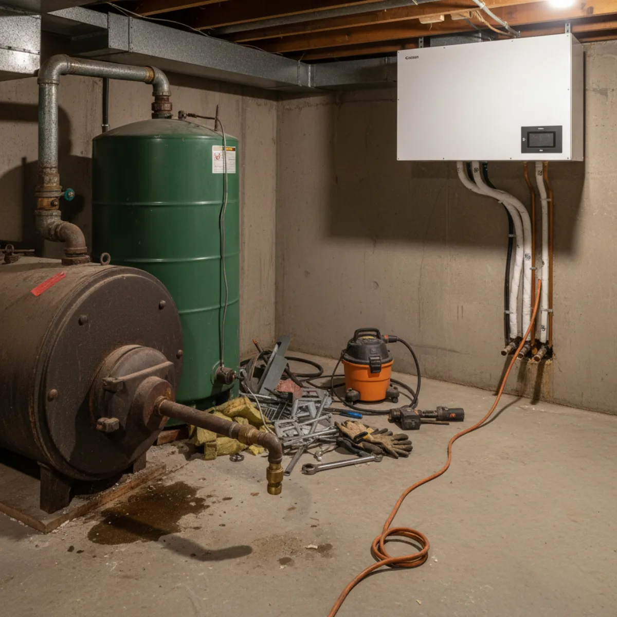 Oil boiler being replaced with a cold-climate heat pump in a Massachusetts basement