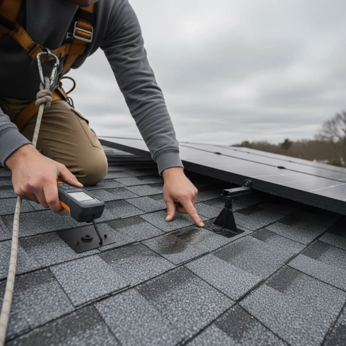 A Massachusetts homeowner inspecting a water-stained ceiling directly below a solar-equipped roof, with documentation materials nearby