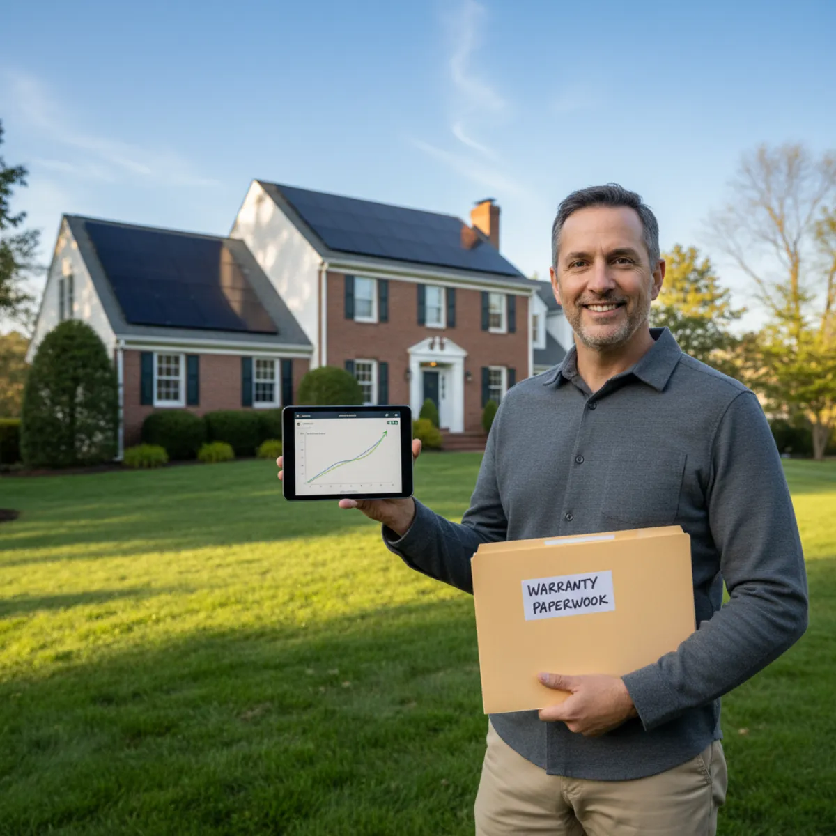 Massachusetts solar homeowner reviewing a year-by-year production degradation chart on a laptop next to a solar-equipped home