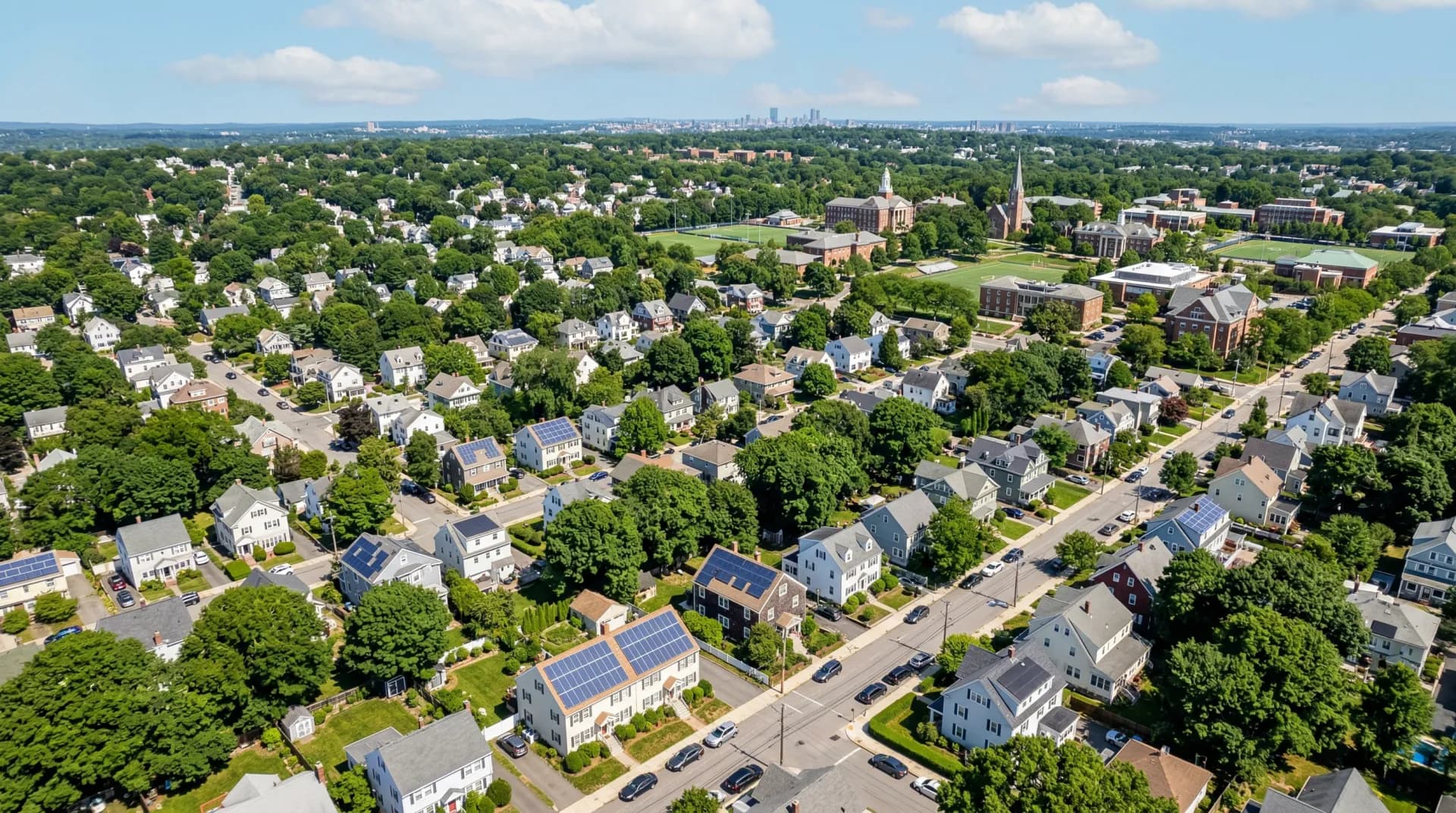 Aerial view of Medford Massachusetts with solar panels on residential rooftops