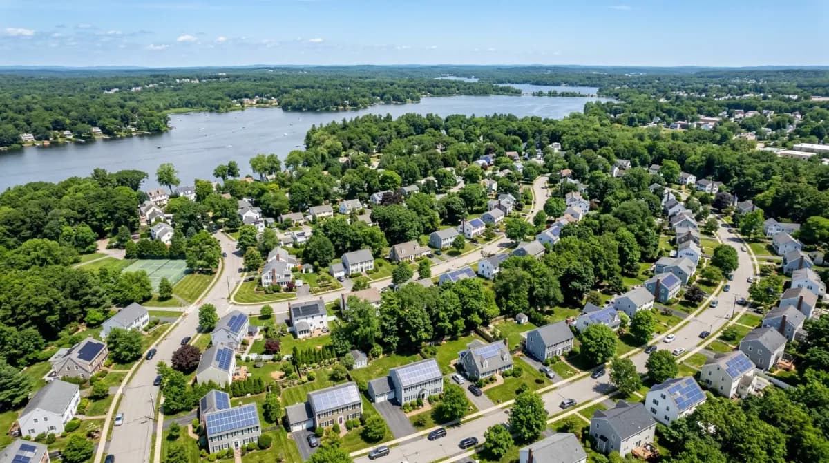 Aerial view of Natick Massachusetts with solar panels on residential rooftops