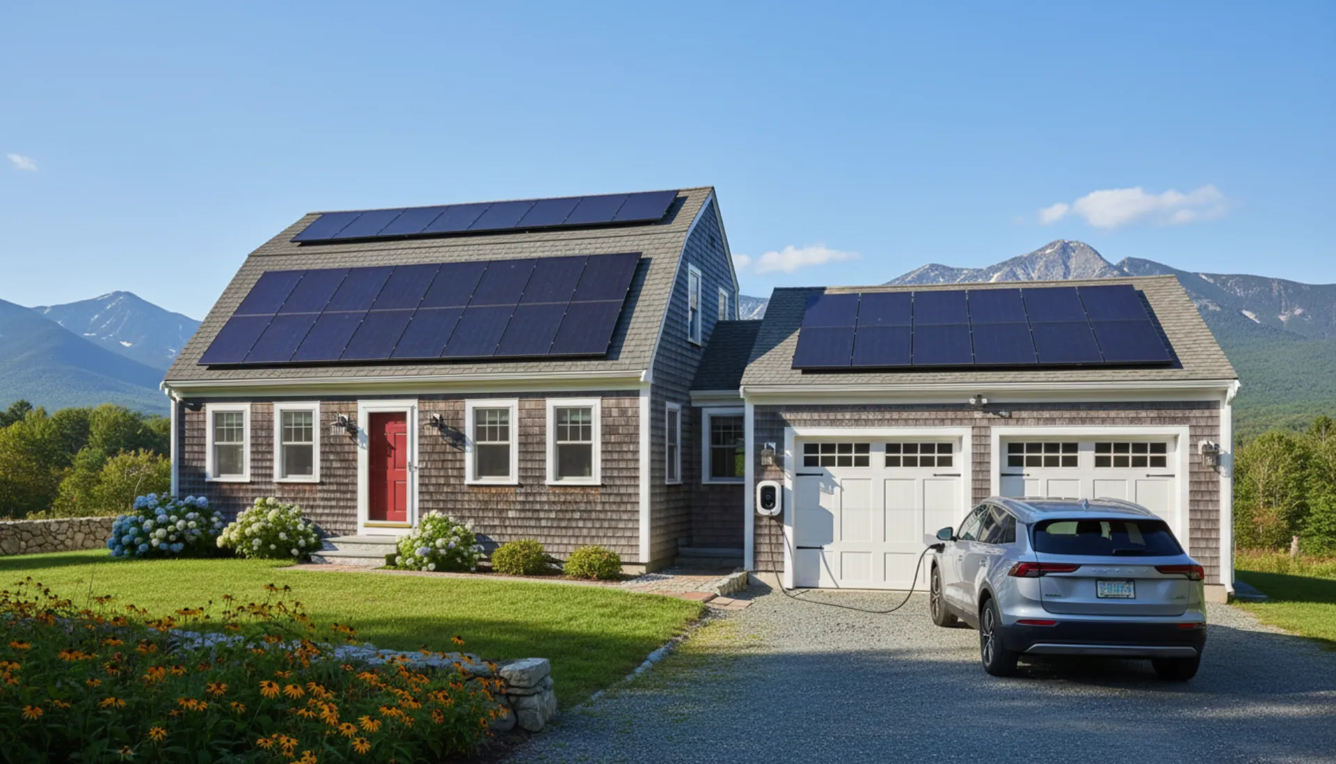 New Hampshire home with solar panels and electric vehicle plugged into Level 2 charger