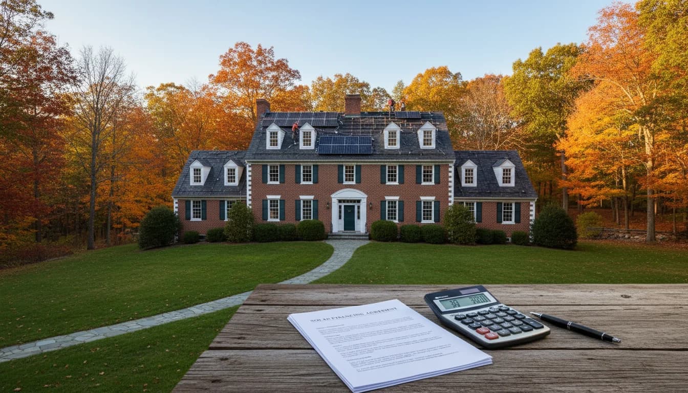 New Hampshire home with solar panels and a lease agreement document overlay